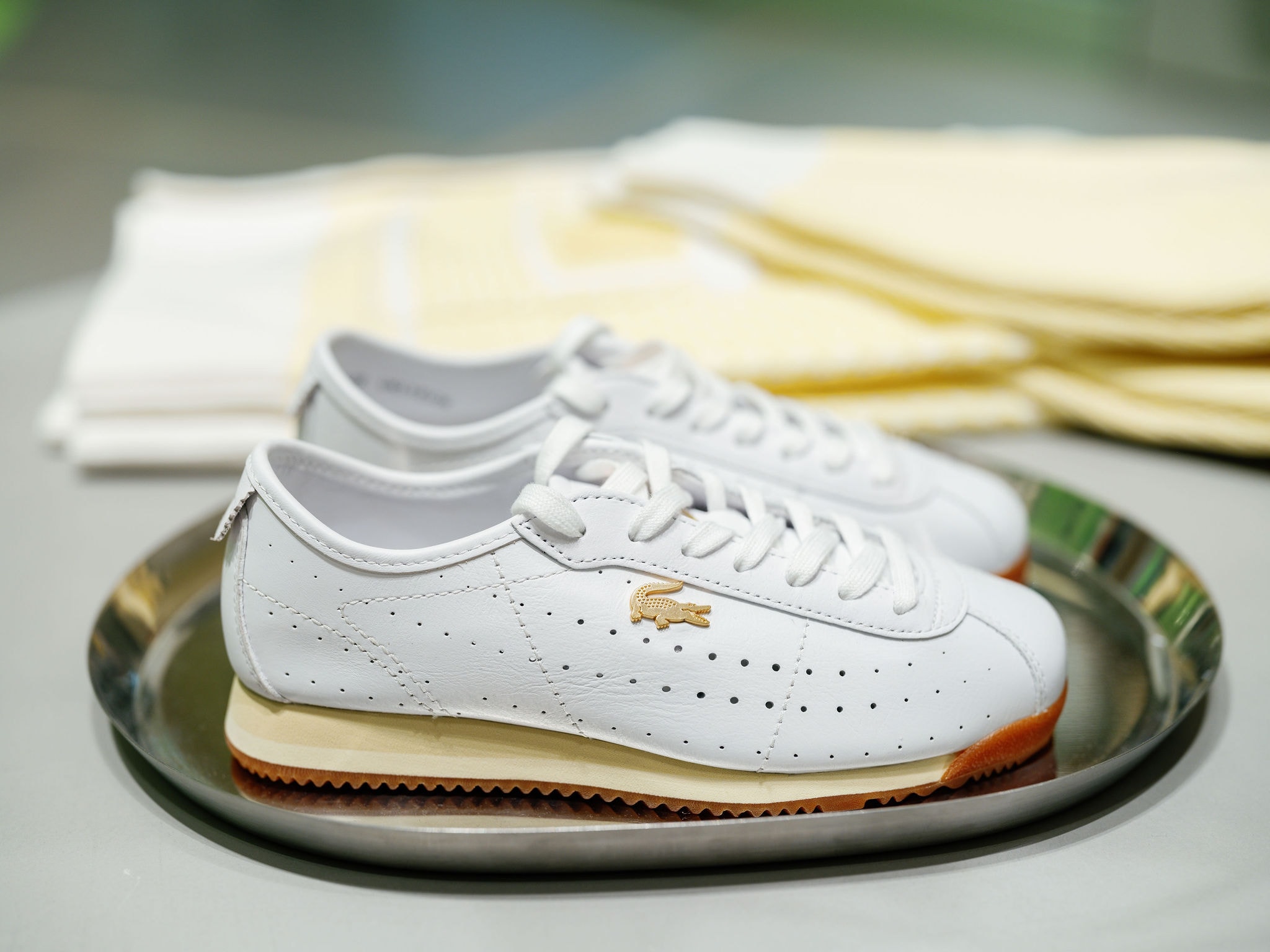 Lacoste white sneaker tray display